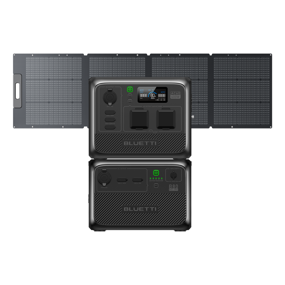 AC60 power station with B80 expansion battery and 200W solar panel bundle for outdoor adventures and off-grid power