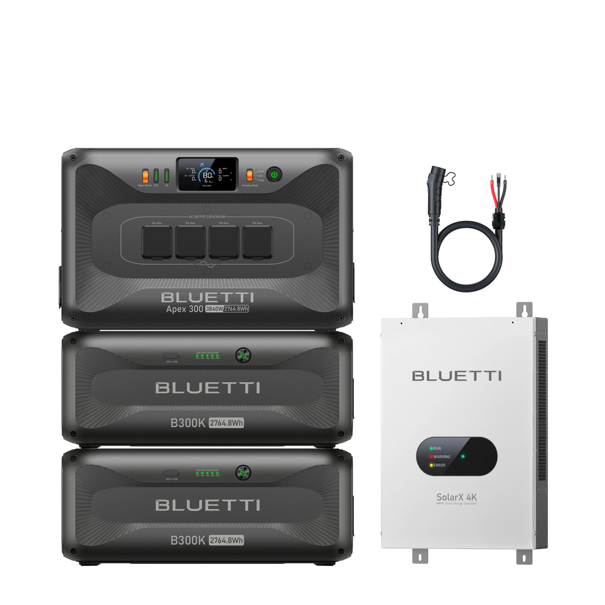 BLUETTI Apex300 with dual B300K batteries, SolarX 4K panel and P090D cable for outdoor home backup camping power solution