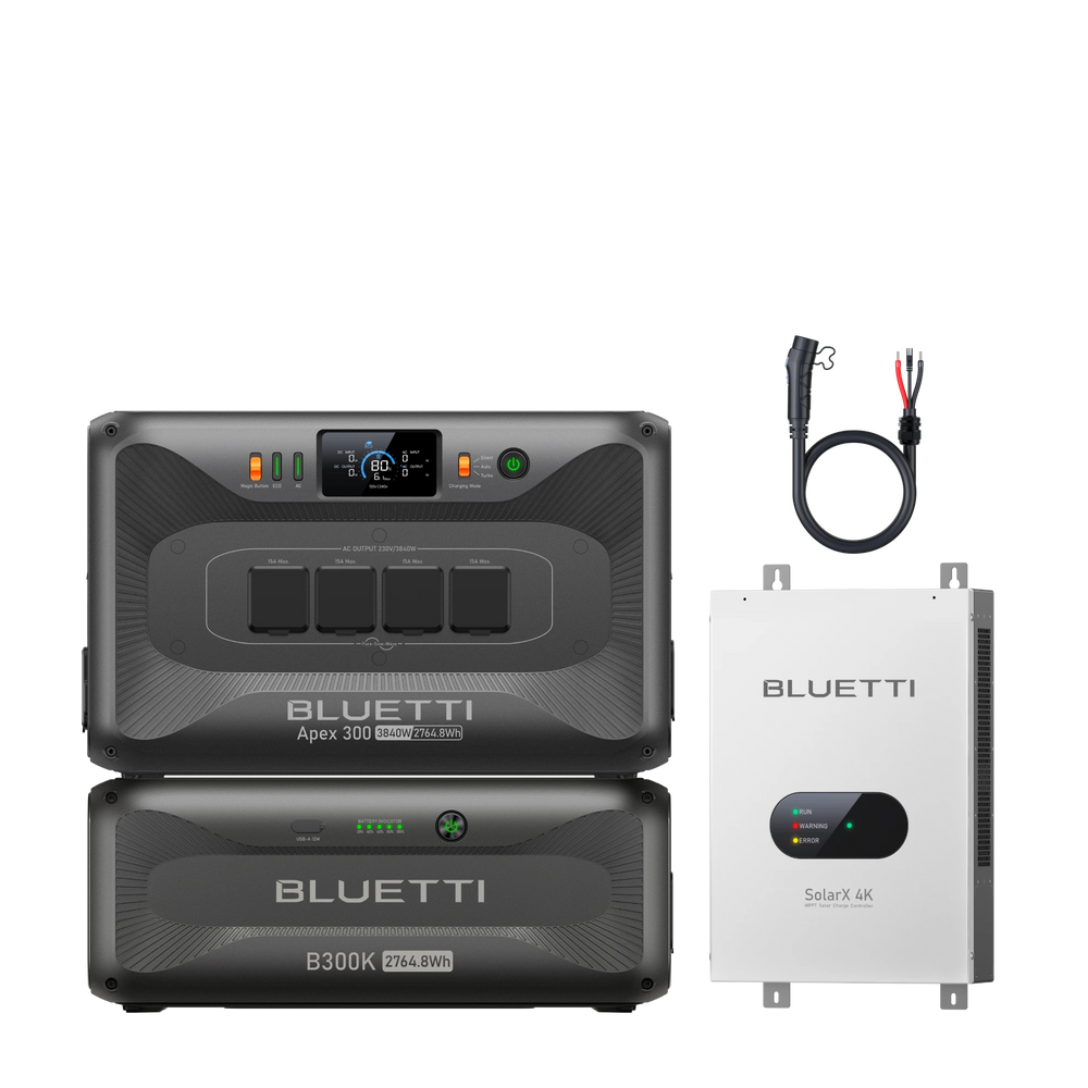 BLUETTI Apex300 with B300K expansion battery and SolarX 4K solar panel for camping and emergency backup power