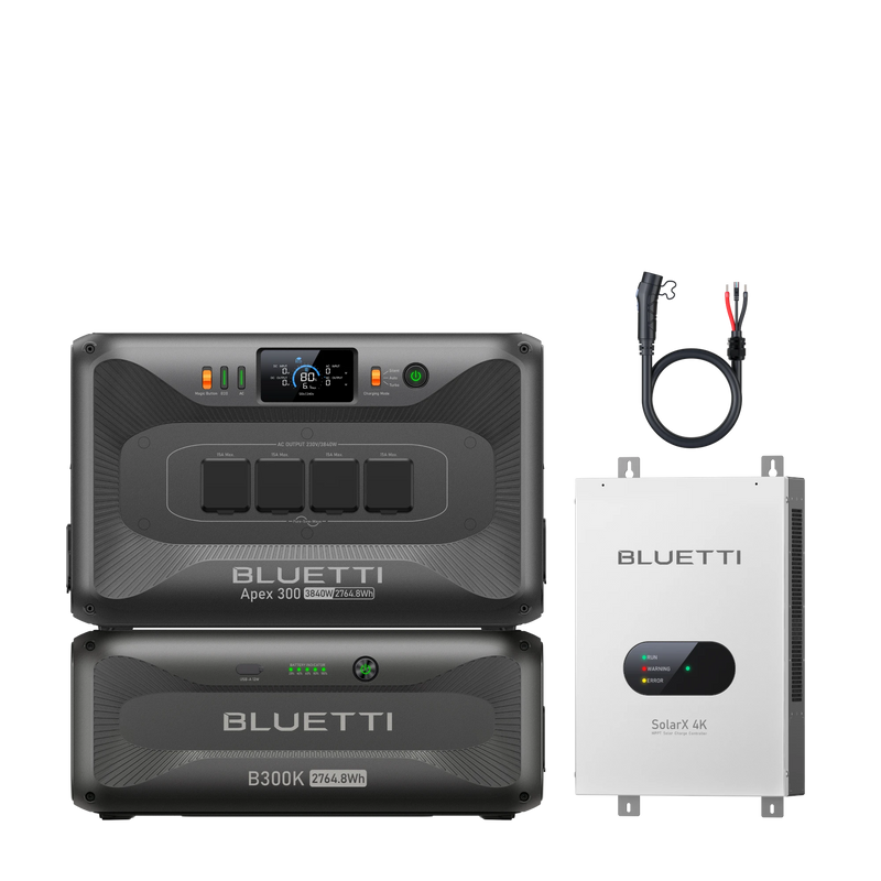 BLUETTI Apex300 with B300K expansion battery and SolarX 4K solar panel for camping and emergency backup power