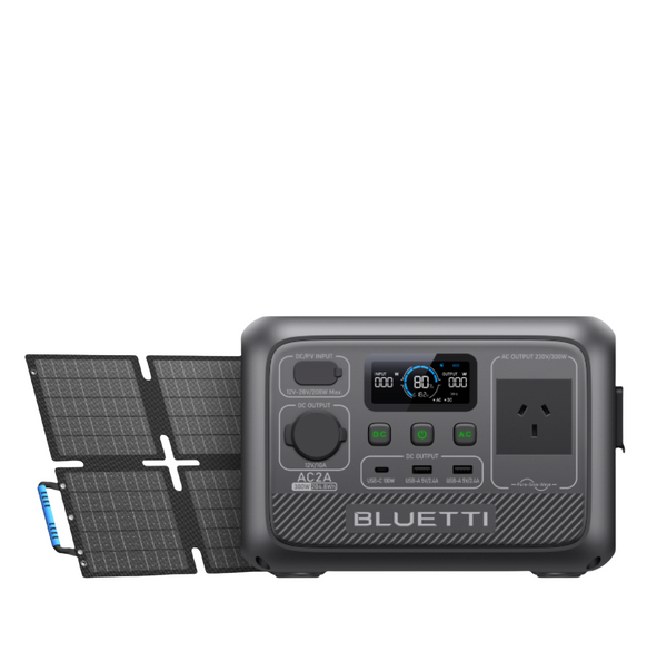 BLUETTI AC2A portable power station with 60W solar panel kit, perfect for camping, RV, and emergency backup power in Australia, on sale now.