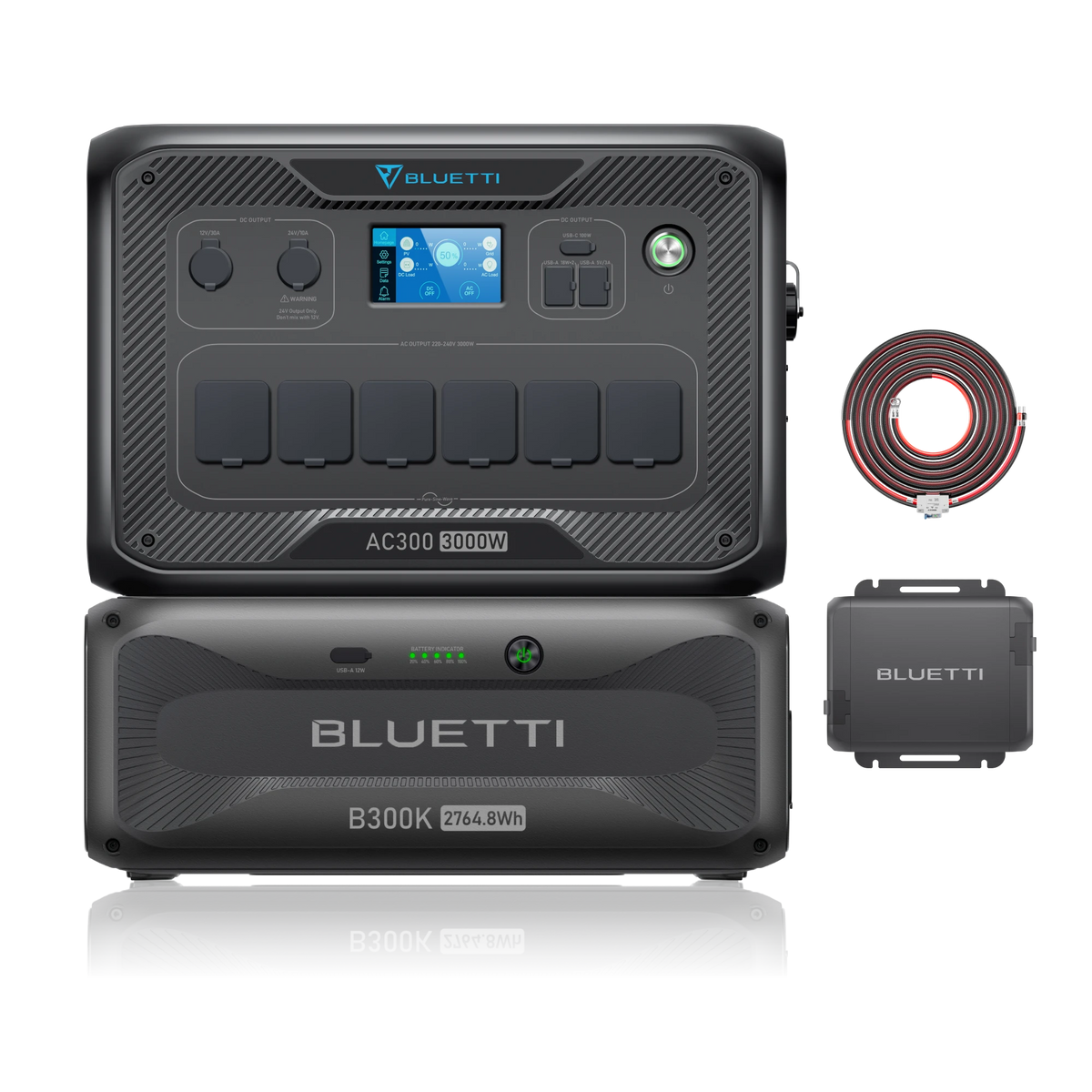 BLUETTI AC300 home backup power station with B300K battery and Charger 1, front view