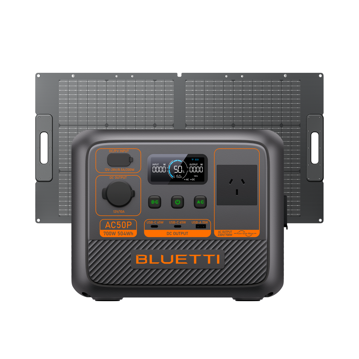 BLUETTI AC50P compact power station with PV100 solar panel, suitable for camping and emergency use