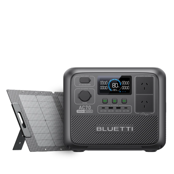 BLUETTI AC70 portable power station with 120W solar panel on sale