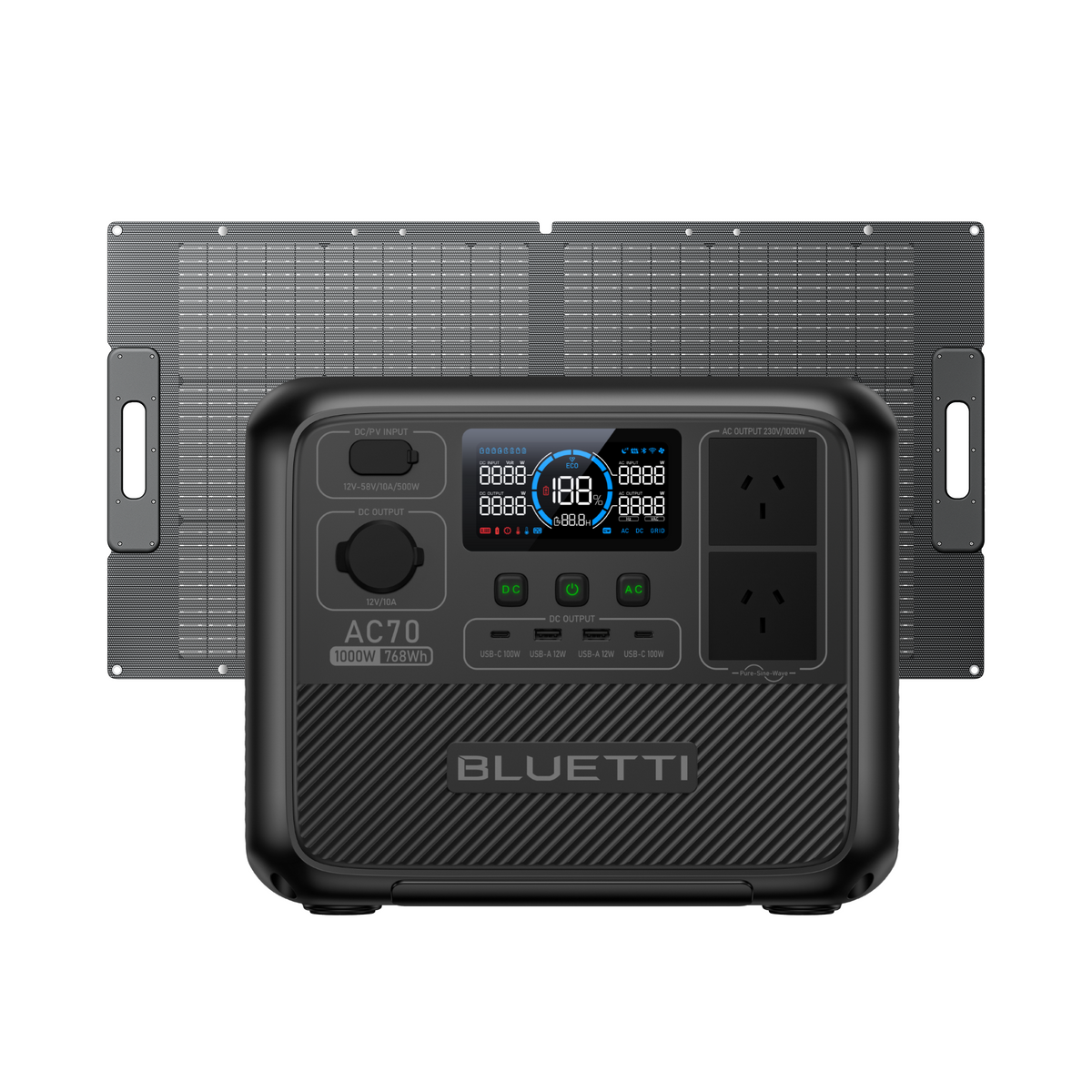 BLUETTI AC70 power station with PV100 solar panel, compatible for outdoor adventures and backup power