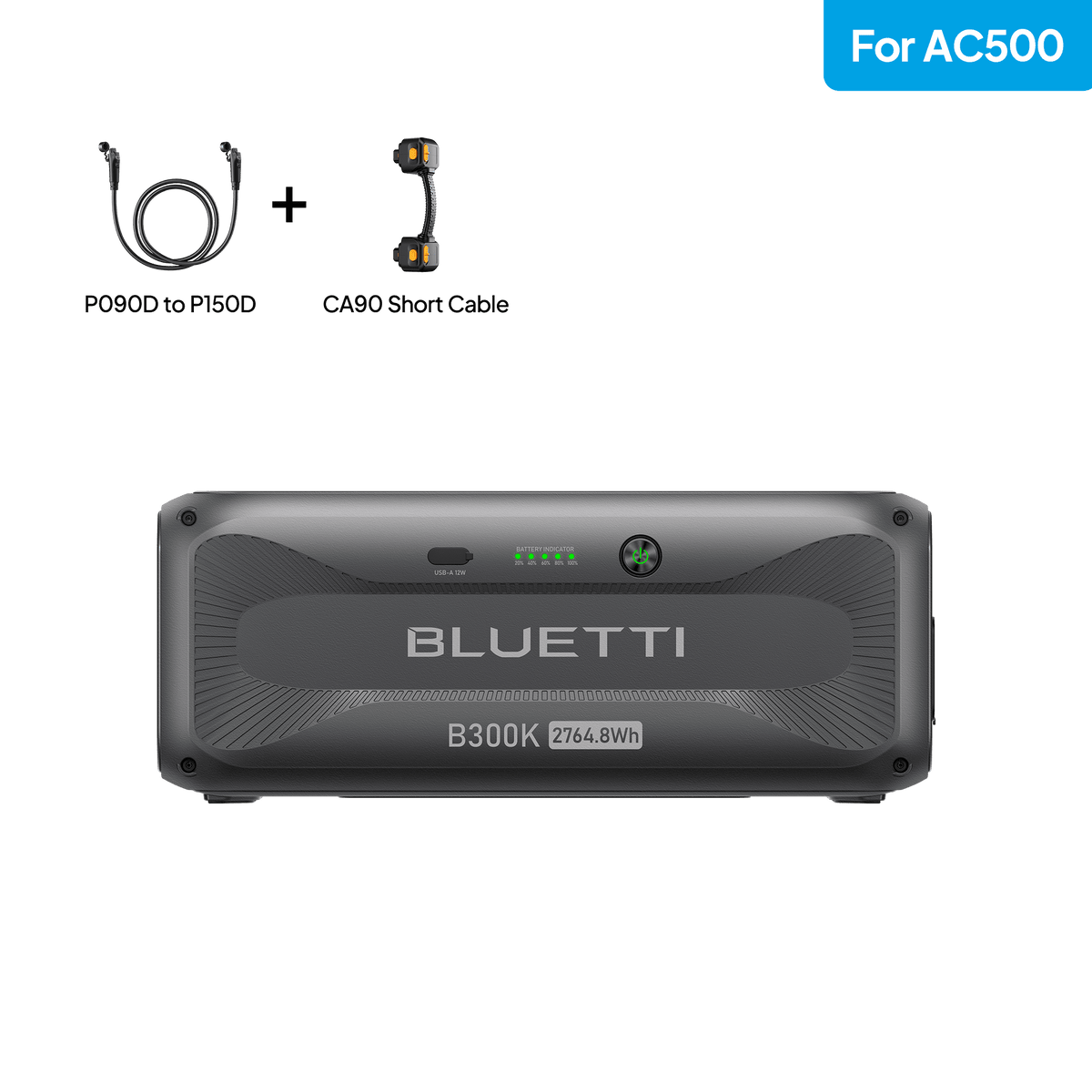 BLUETTI B300K expansion battery pack with P090D to P150D cable, compatible with AC500 power station.