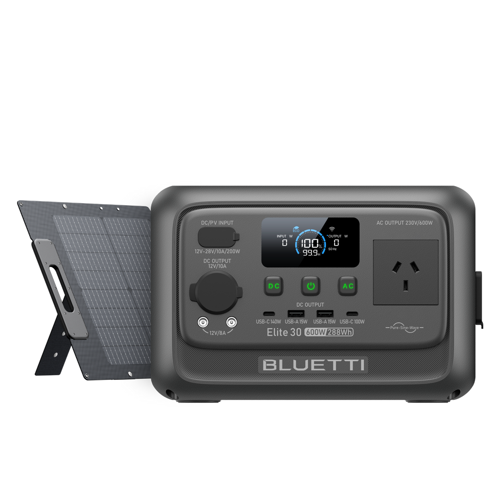 BLUETTI Elite 30 V2 power station paired with 120W solar panel for faster solar charging
