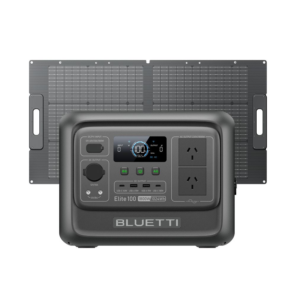 BLUETTI Elite 100 V2 power station with PV100 solar panel, reliable solar generator kit for home and travel