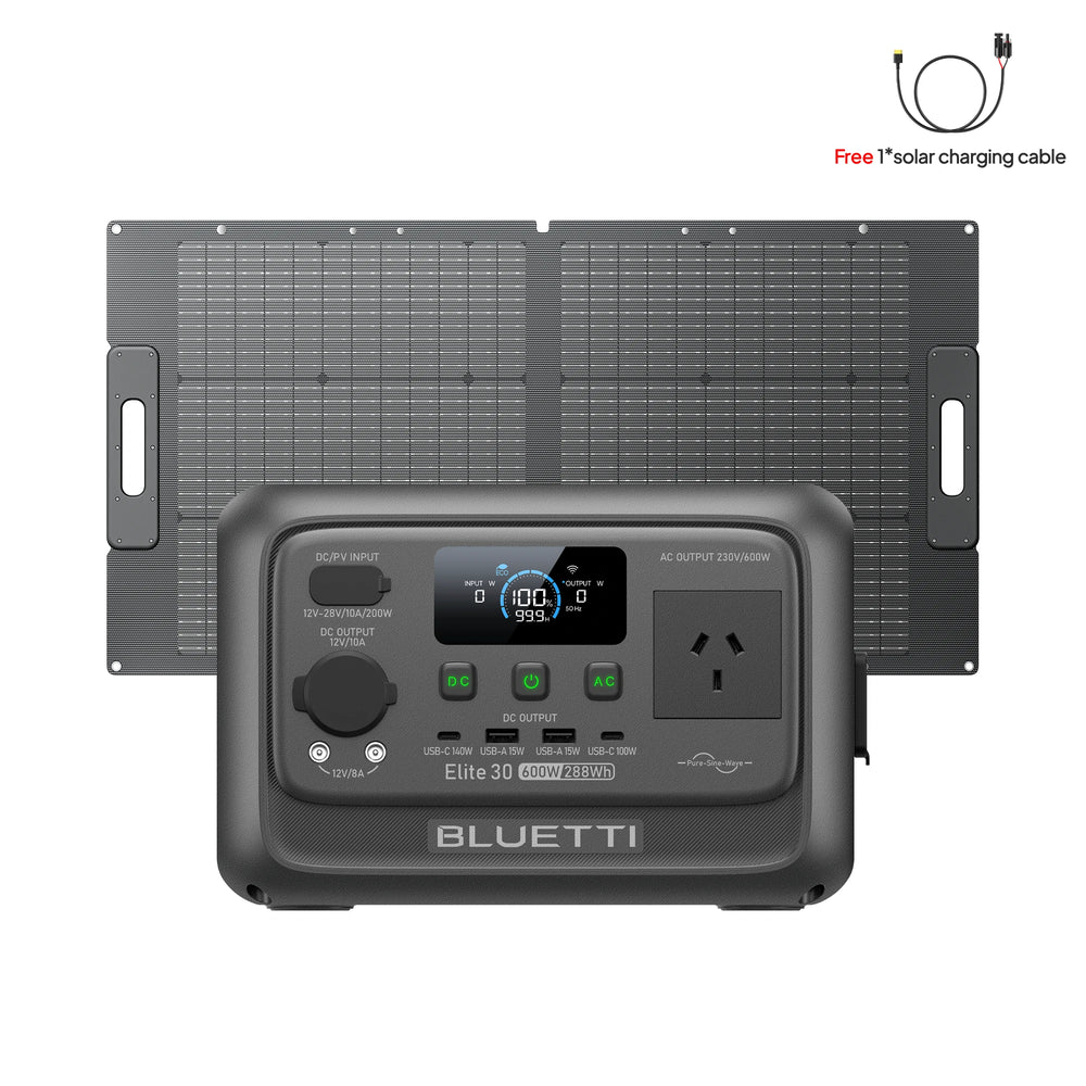 BLUETTI Elite 30 V2 power station with PV100 solar panel, designed for compact outdoor use