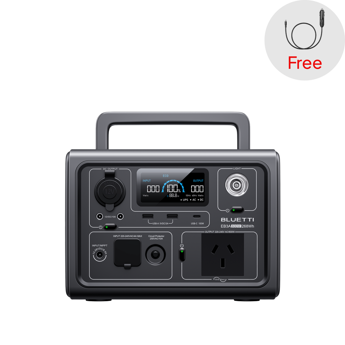 EB3A portable power station with free car charging cable