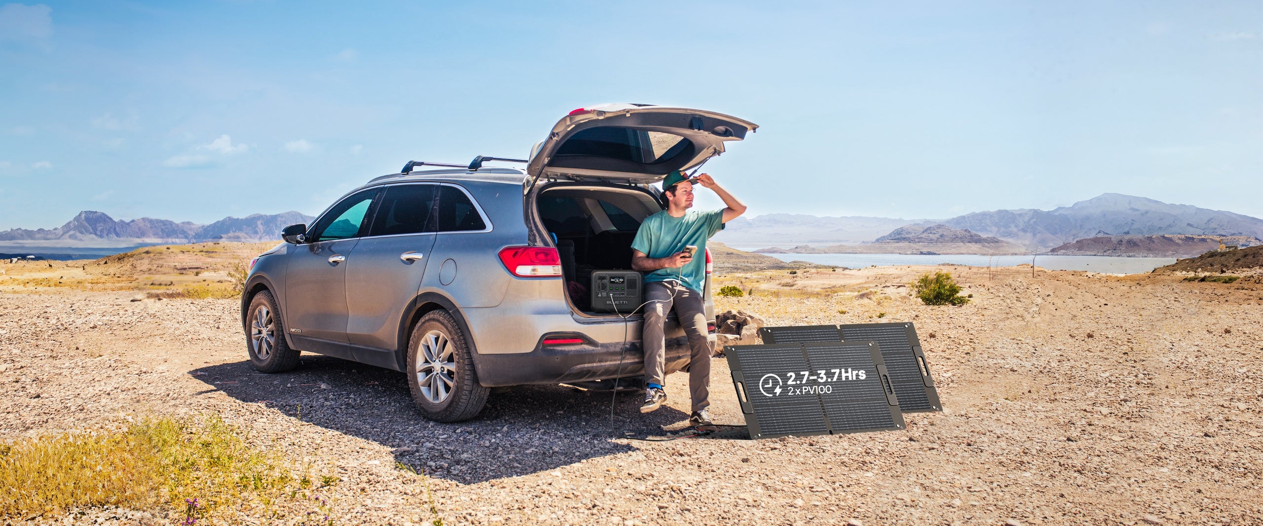 PV100 outdoor solar panel on a sunny camping day